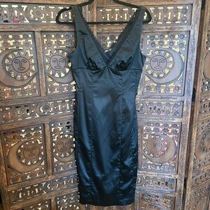 Y2K Vintage Bebe Black Silk Midi Dress with Lace Trim